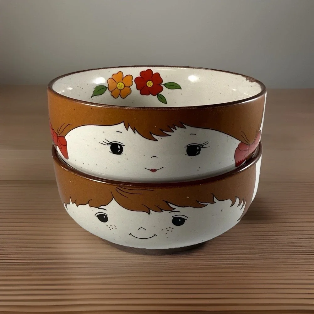(2) Interpur MCM Vintage Stoneware  Bowls  With Country‎ Boy & Girl Face 5.25